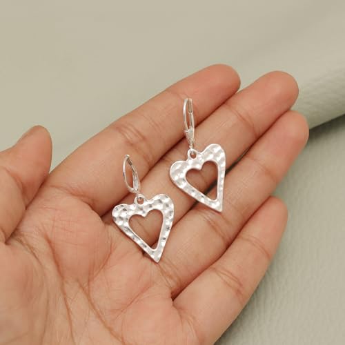 LeCalla 925 Sterling Silver Drop & Dangle Earrings for Women | Handmade Hammered Textured Drop Dangle Earring Jewelry | Women's Hammered Earrings Jewelry for Gift Mom Wife - color: Open Heart