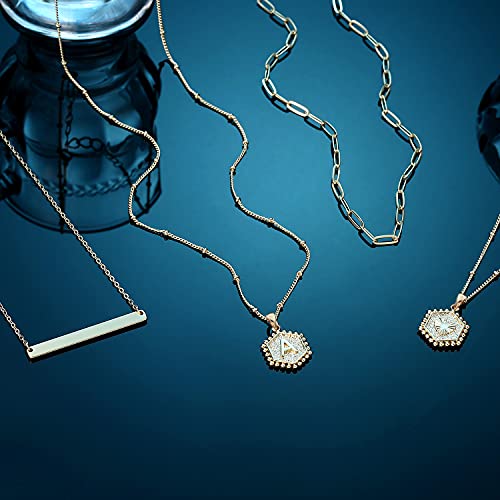 Turandoss Layered Initial Necklaces for Women, 14K Gold Plated Bar Necklace Handmade Layering Hexagon Letter Pendant Beads Chain Necklace Layered Necklaces for Women Jewelry Gifts - style: M
