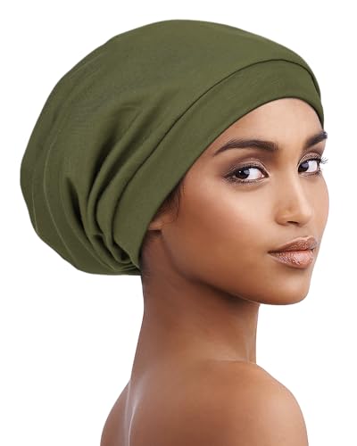 Satin Lined Beanie for Natural Hair Thin Beanie Hats for Girls Head Cover - color: Olive Green