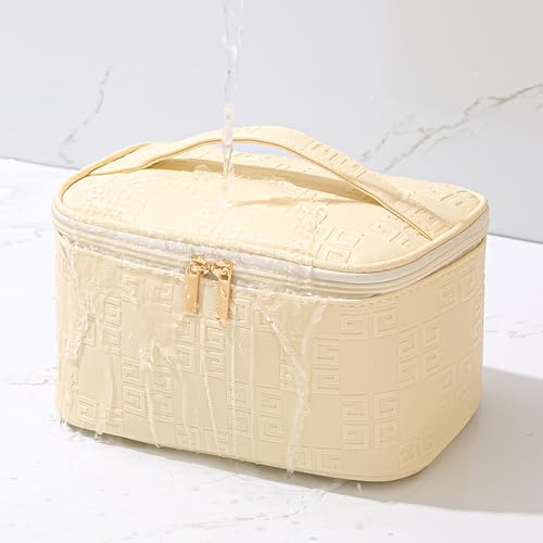Meiyuuo Makeup Bag Large Cosmetic Bags for Women Girls Cute Travel Zipper Pouch Toiletry Organizer for Beauty Essentials Waterproof (Light Beige) - color: Embossing Beige