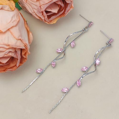 Crystal Drop Earrings,Zirconia Rhinestone Dangling Earrings for Women Prom Party Jewelry Gifts， Dangle Fashion Jewelry Crystal Earrings for Women - color: pink silver