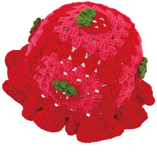 KORADI Womens Crochet Bucket Hat Ruffled Brim Knitted Hats Winter Boho Handmade Caps - color: Red-strawberry