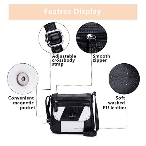 Angelkiss Small Womens Crossbody Bag Leather Shoulder Purse for Women Hobo Bag with Adjustable Shoulder Strap - color: Black/White
