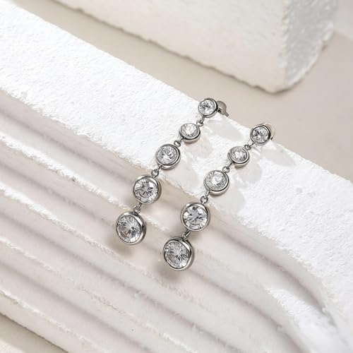 Women's Long Sparkly Dangle Earrings Hypoallergenic Stainless Steel 14K Gold Plated Lightweight CZ Statement Studs - color: Silver