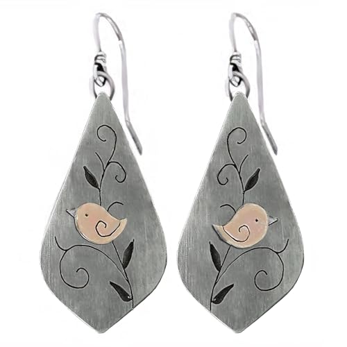 Boho Teardrop Earrings, Handmade Copper Bohemian Earrings, Dangle Antique Ethnic Jewelry for Women - color: Bird