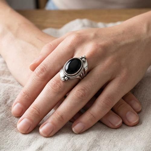 Handmade 925 Sterling Silver Plated Ring Natural Gemstone Carnelian, Rose Quartz, Tiger Eye, Crystal Oval Boho Jewelry For Women - color: Black Onyx