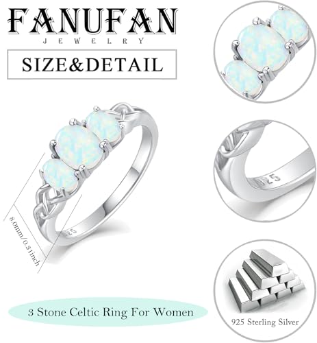 Celtic Birthstone Rings for Women 925 Sterling Silver Celtic Knot Ring 3-Stone Promise Rings for Her Wife Birthday Anniversary Wedding Jewelry - color: 13-Opal