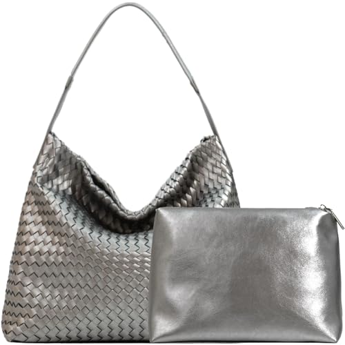 JINMANXUE Women Boston Bag, Woven Hobo Tote Handbag and Purses, Female Satchel Messenger Bags, Fashion Shoulder Crossbody Bag - color: Antique Silver