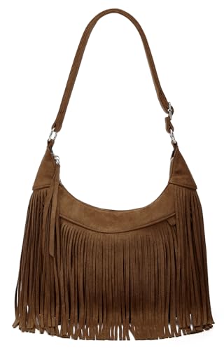 Suede Fringe Crossbody Bag for Women Ladies Stylish Leather Shoulder Bag Purse Handbag Fall Winter Spring - color: Coffee