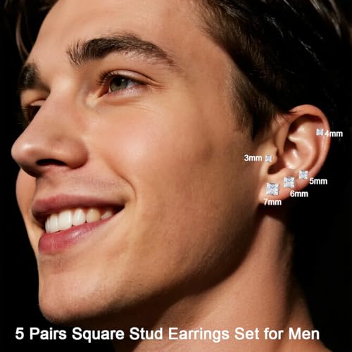 20G Hypoallergenic Surgical Steel Square Pearl Ball CZ Flat Back Stud Earrings for Sensitive Ear, Lightweight Shiny Earrings Studs for Helix Tragus Cartilage Multiple Piercing - color: Silver-B