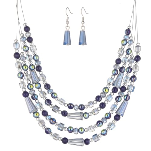 Errally Layered Beaded Statement Necklace Multi Strand Crystal Beads Collar Necklace and Earring Sets for Women Fashion Costume Jewelry Set Gifts for Her - color: Blue