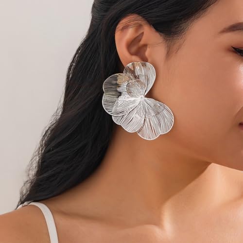 Gold Large Flower Dangle Earrings for Women Vintage Big Ginkgo Leaf Statement Silver Earring Trendy Oversized Floral Punk Jewelry Hip Hop Accessories - color: Silver