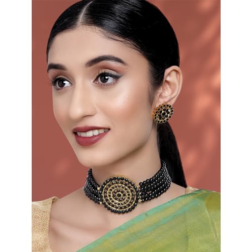 Aheli Pearl Diamond Choker Necklace & Round Earrings Gift for Women Indian Traditional Bollywood Fashion Bharatanatyam jewellery set - color: Black 2