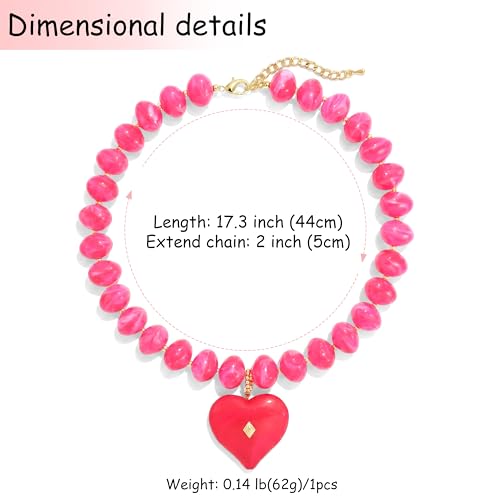 Elegance 11 designs Chunky Heart Necklace for Women, Colorful Acrylic Beaded Statement Puff Heart Necklace, Cute Boho Y2K Choker Necklace for Gift Jewelry - color: Rose