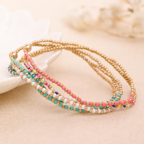 Gold Beaded Stackable Friendship Bracelets Set for Women, Handmade Boho Stretch Summer Jewelry Gift. - color: gold white green pink