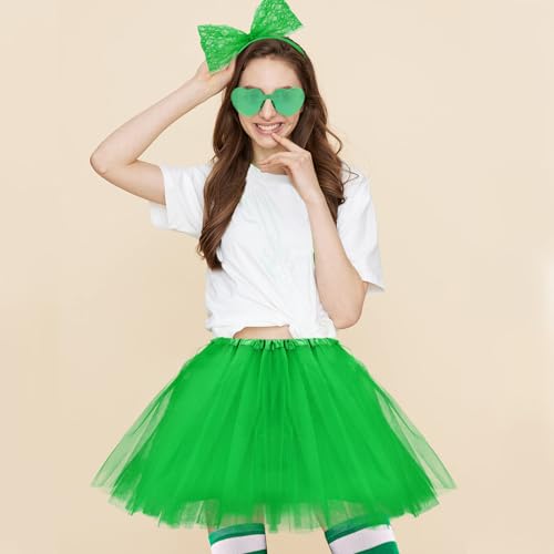 Women Tutu Costume Accessories Set, Striped Knee Socks Tutu Skirt Sunglasses and Bow Headband Colorful Party Favors - color: Green