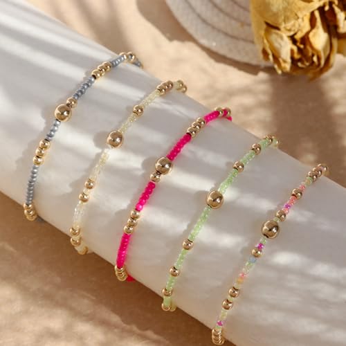 Gold Beaded Stackable Friendship Bracelets Set for Women, Handmade Boho Stretch Summer Jewelry Gift. - color: gold green gray fuchsia pink yellow beige