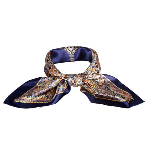 35” Satin Large Square Head Scarves-Like Silk Satin Scarf for Hair Wrapping at Night Bandana Square Scarf for Sleeping - color: Symmetrical Cashew Nuts-navy Blue