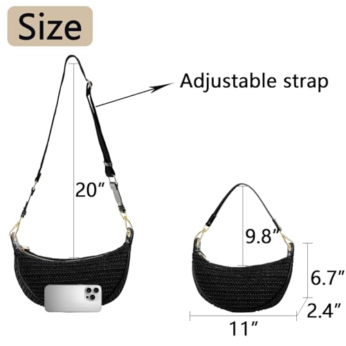 Straw Crossbody Bags for Women Crescent Woven Shoulder Handbag Summer Beach Hobo Purses with Adjustable Strap - color: Black