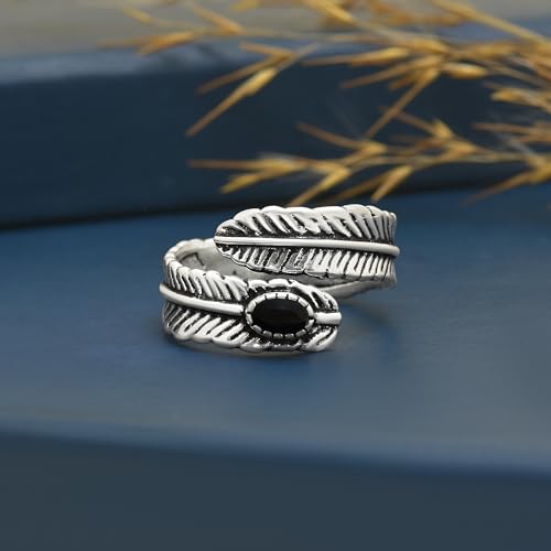 Silver Plated Feather Ring | 925 Silver Adjustable Open Ring | Vintage Leaf Design Inspirational Jewelry for Men & Women | Hypoallergenic Boho Statement Ring - color: Black Onyx Protection