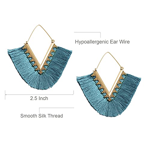 Tassel Hoop Earring Statement Thread Dangle Earrings Stylish Long Fringe Drop Earrings Lightweight Long Swingy French Hook Earrings for Women - color: A Turquoise