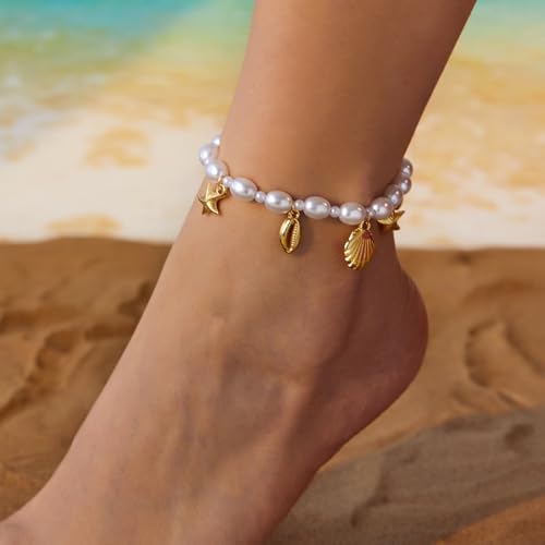Qceasiy Shell Ankle Bracelet Set for Women, Gold Plated Boho Bead Adjustable Anklet, Hawaiian Beach Seashell Pearl Heart Starfish Conch Foot Jewelry Gifts - color: Pearl Shell(KC)