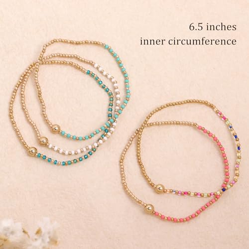 Gold Beaded Stackable Friendship Bracelets Set for Women, Handmade Boho Stretch Summer Jewelry Gift. - color: gold white green pink
