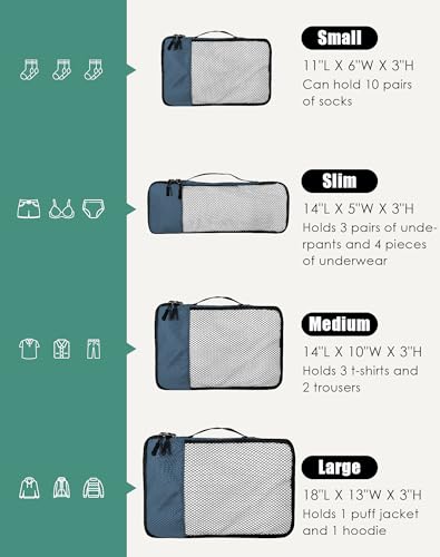 WTREE 4-Piece Packing Cubes Travel Accessories Set for Suitcases - Luggage Organizer Bags with Double Zipper - Mesh Top - Small/Medium/Large/Slim - Dark Blue - color: Dark Blue, size: Slim, Small, Medium, Large