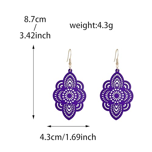 Bohemian Wood Earrings Natural Retro Lightweight Hollow Pattern Geometric Wooden Dangle Drop Earrings Statement Vintage Jewelry - color: Purple