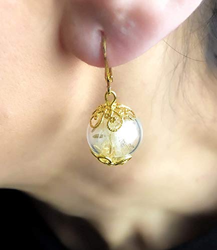Real Dandelion Earrings - Gold Plated - Lever Back Hooks - Hanging 3cm/1.18inch - Handmade in Germany - Gift Box