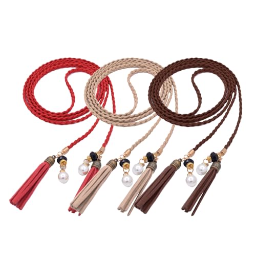 TeeYee Waist Belt Woven Knitted Rope/Chain PU leather 3 Pieces Tassel Rope Skinny Belt - color: 257redkakicoffee