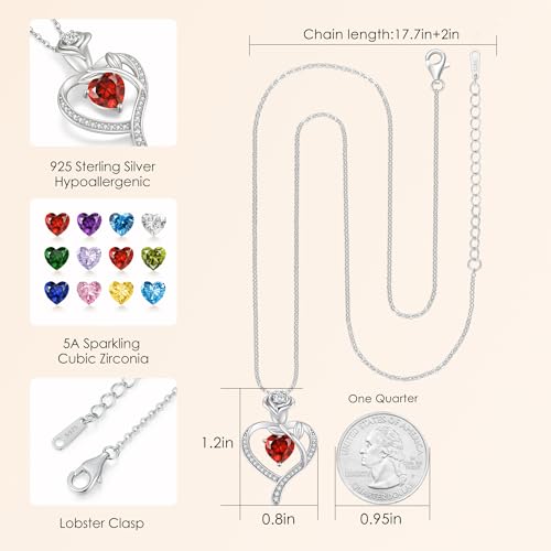 LOUISA SECRET Rose Flower Heart Birthstone Necklaces for Women, 925 Sterling Silver Jewelry, Pendant Heart Necklaces Birthday Anniversary Christmas Gift for Women Wife Mom Girlfriend Lady - color: White Gold-01/07-Jan/Jul