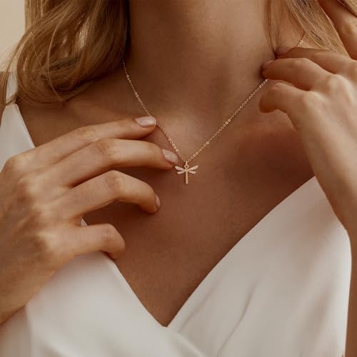 LLWOM Gold Necklace for Women-14k Gold Plated Infinity Necklace Star Of David Necklace Evil Eye Cross Pendants Heart Dainty Gold Necklace For Women - color: Gold, style: Dragonfly Necklace