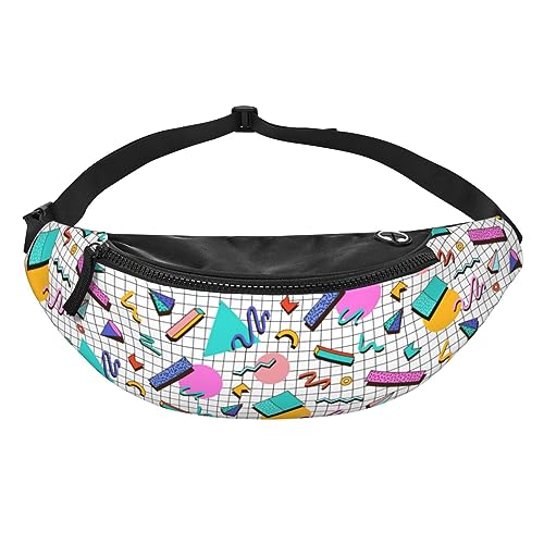 Bright 80s 90s Abstract Shapes Memphis Style Fashion Casual Fanny Pack Waist Bag Men Women Adjustable Belt Waist Bag For Travel Hiking Cycling Running Festival Carnival - color: Black20