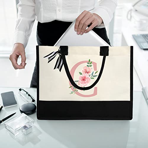 Initial Canvas Tote Bag for Women, Beach Bag with Inner Zipper Pocket Personalized Gifts for Wedding, Birthday | Initial - color: C