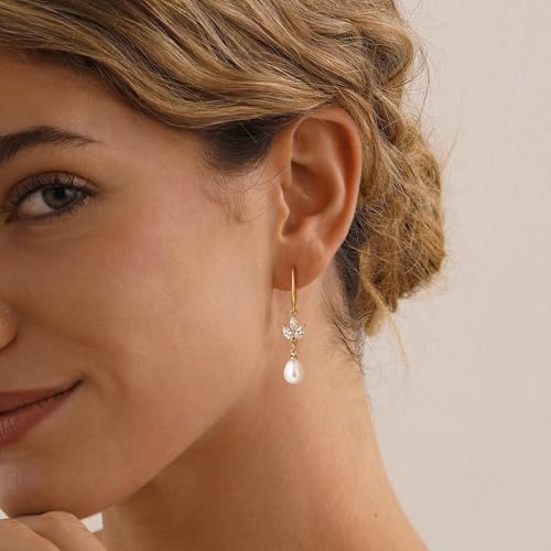 Gold Plated Freshwater Pearl Dainty Earrings for Women Dangle Formal 14K Plated Drop Heart Earrings Prom Wedding Long Hypoallergenic Trendy Jewelry Gifts