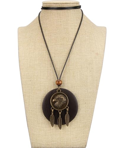 Kelake Leather Necklace for Women Men Teen Vinatge Boho Alloy Pendant Choker Jewelry Fashion Sweater Necklaces with Adjustable Genuine Leather Chain - color: Brass Eagle Feather & Brown Wood Pendant