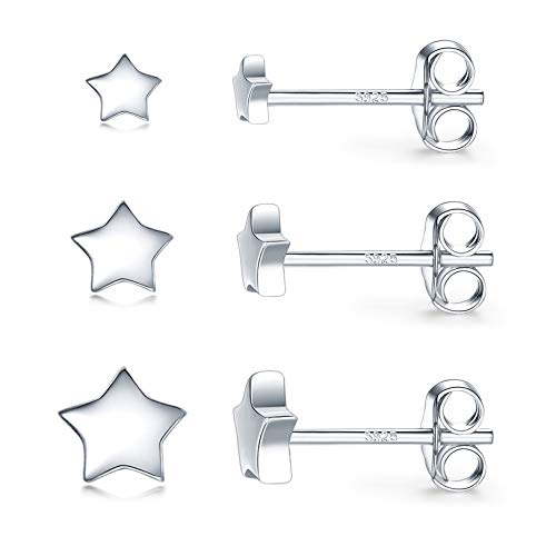 3 Pairs 925 Sterling Silver Star Stud Earrings for Women,Tiny Simple Geometric Stud Earrings Set Small Hypoallergenic Cartilage Tragus Ear Jewellery for Men (3/4/5mm) - color: 01 Silver-3Pairs-3/4/5mm