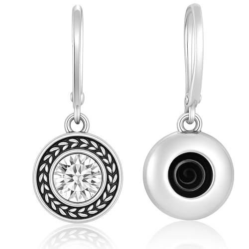 Savma Handmade 925 Sterling Silver Leverback Earrings for Women, Vintage Celtic Round Crystal Dangle Drop Earrings, Lightweight Boho Hypoallergenic Jewelry Gift - color: White Stone