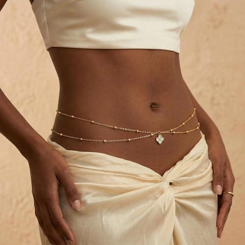 14K Gold Plated Waist Chain for Women, Layered Belly Belt Chains Beach Waist Beads Chain Waterproof Body Chain Summer Jewelry Accessories for Women - style: GD-3