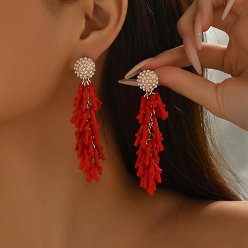 Red Coral Drop Earrings for Women, Boho Statement Tassel Earrings with Pearl Studs, Vintage Ocean Inspired Dangle Jewelry for Party and Vacation