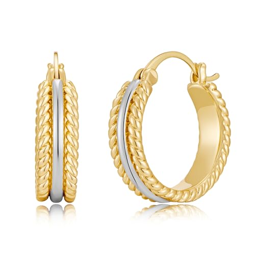 Chunky Gold Hoop Earrings for Women - 14k Gold Plated Twisted Rope Thick Hoops, Lightweight Hypoallergenic Small Hoop Earrings, Trendy Fashion Jewelry Gifts - color: two tone