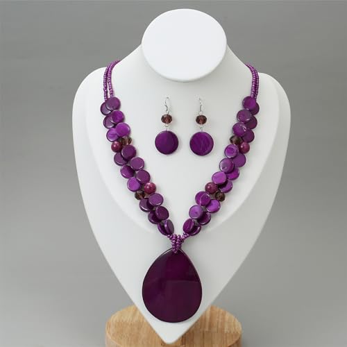Big Teardrop Pendant Necklaces for Women Colorful Beaded Necklaces Statement Set for Holiday. - color: Purple