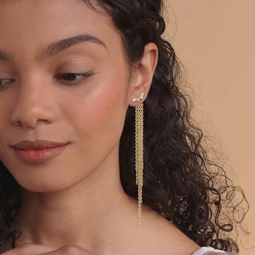 Robaice Gold Long Prom Earrings for Women, 14K Gold Plated Pearl Dangle Drop and Chain Tassel Threader Earrings Dangling，Rhinestone Zirconia Hypoallergenic Bride Party Prom Gold jewelry，Women Gifts - style: F-cz dangle drop tassel