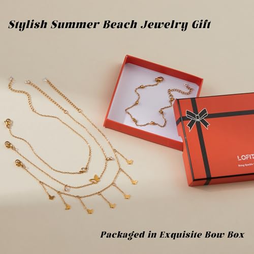 LOFITOR Ankle Bracelets for Women Glitter Waterproof Adjustable Anklet Set for Women 18K Gold Plated Silver Charm Dainty Layered Anklets, Summer Beach Anklet Jewelry for Women - style: Butterfly Gold