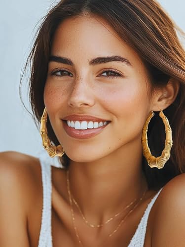 U7 Bamboo Earrings for Women 18K Gold Plated/Stainless Steel/Personalized Black Statement Extra Large Hoop Earrings 80s 90s Custom Name Huggie Earrings for Party Fashion Jewlery - color: 01.Gold, size: 70 MM