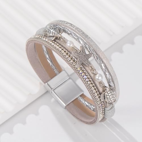 FANCY SHINY Turtle Starfish Leather Wrap Bracelet Boho Rhinestone Pearl Cuff Bracelets for Women Summer Beach Jewelry for Women - color: Silver