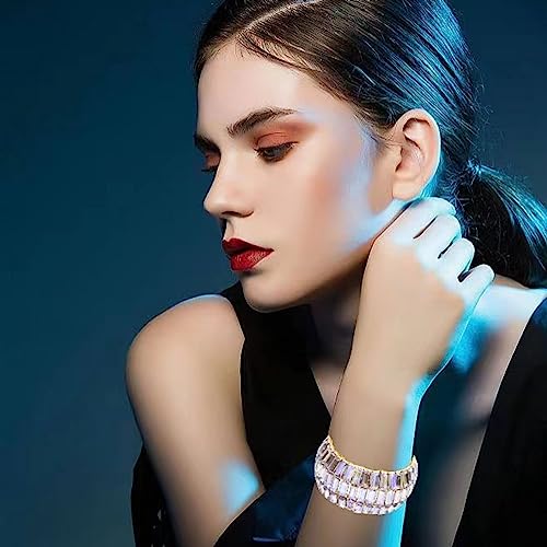 Women’s Wedding Bridal Crystal Leaf Flower Stretch Bangle Elastic Wide Bracelet Jewelry for Brides Bridesmaid - color: Style1-Violet-Gold Plated