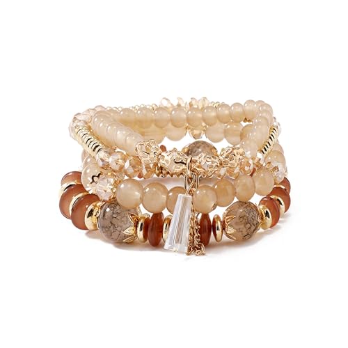 FUTIMELY Bohemian Crystal Beaded Bracelets Set for Women,Dainty Handmade Multilayer Colorful Charm Bracelet Beaded Stackable Stretch Bracelet Jewelry - color: Brown