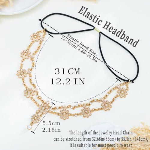 Golden Rhinestone Head Chain for Women Boho Pearl Headpiece Wedding Elastic Jewelry Headband